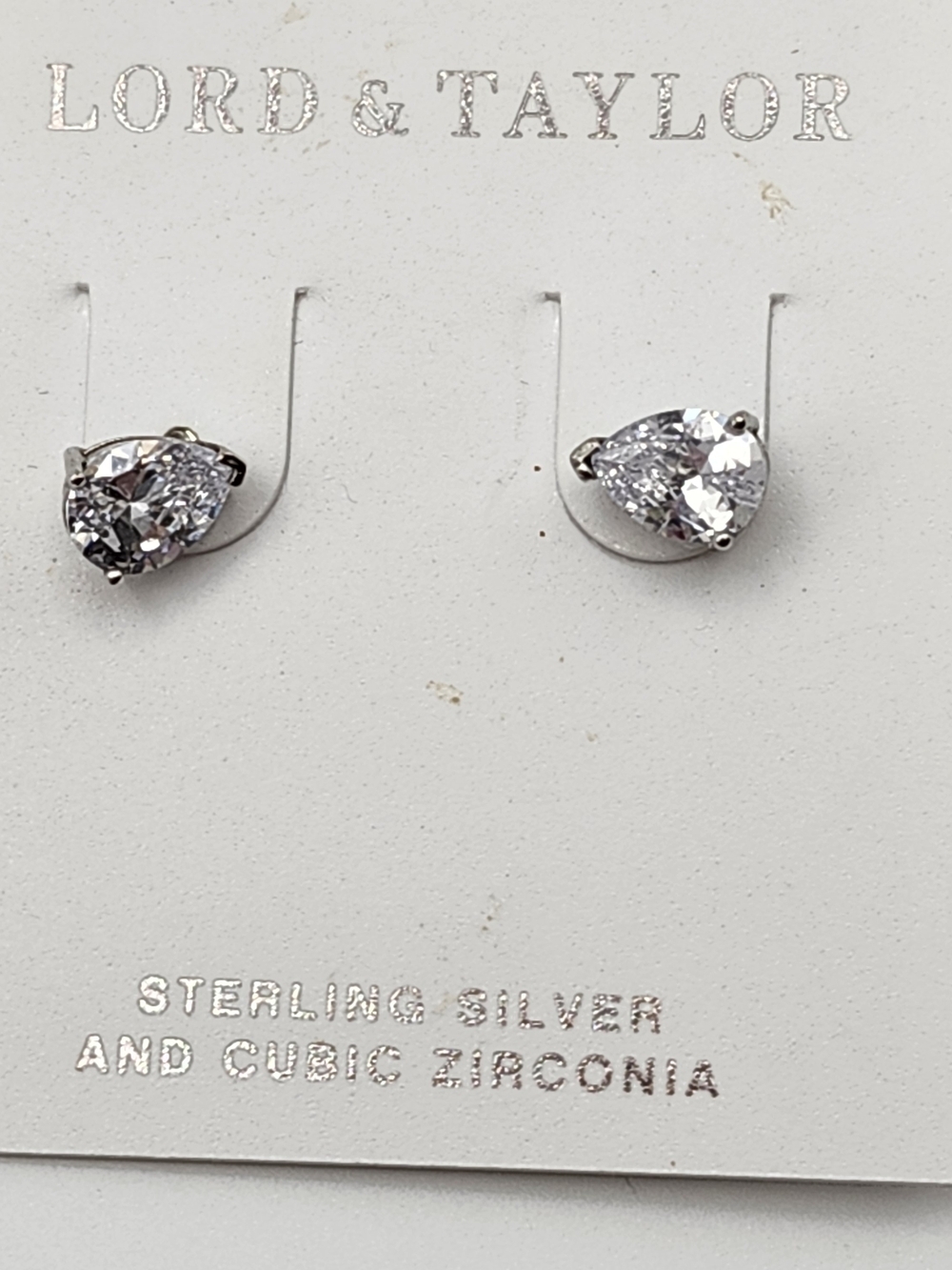 NEW Lord & Taylor Sterling Silver Pear-Shaped Clear CZ Stud Earrings
